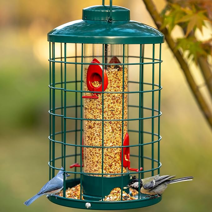 Caged Bird Feeder for Wild Birds Outside, Large Squirrel-Proof Heavy-Duty Metal Hanging Tube Bird Feeder, 4 Feeding Ports, 13.2'' High, 3LB Seed Capacity (Green)