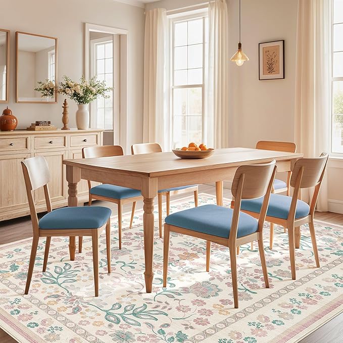 5x8 Area Rug Living Room Rugs - Washable Boho Vintage Floral Large Soft Non Slip Thin Rug Low Pile Carpet for Bedroom Dining Room Kids Playroom Office Decor Indoor- Pink