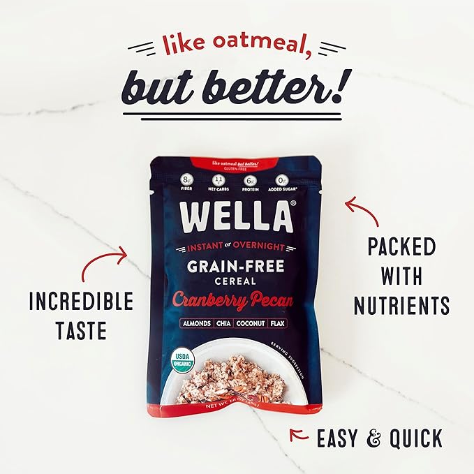 Wella Cereal Oatmeal Alternative, Gluten-Free Breakfast Hot Cereal, Grain-Free Paleo Organic Vegan High Protein Superfood, Plant-Based Non-GMO, Low in Net Carbs, Single-Serve Packets, Cranberry Pecan Flavor (10 Count, 1.6 oz. Packets)