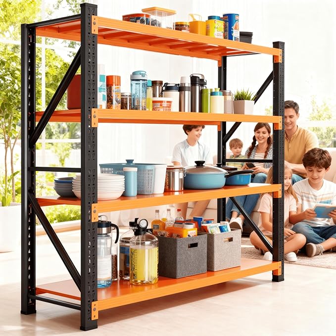 4-Tier Storage Shelves,79" H Heavy-Duty Garage Shelving Unit,Adjustable Metal Industrial Shelf System,3,500lbs Capacity,Tool Organizer for Garage,Workshop,48" W x 20" D x 79" H,Black&Orange