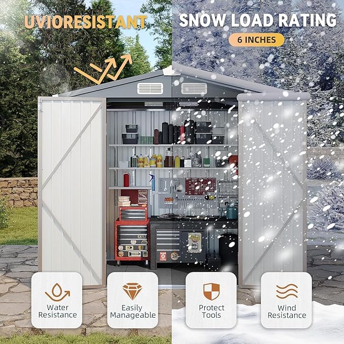 Aoxun 6x4ft Shed with Floor Heavy-Duty Galvanized Steel Outdoor Storage Shed with Double Doors, Ventilated Weatherproof Design for Bike/Generator/Tool Organization (Brown)