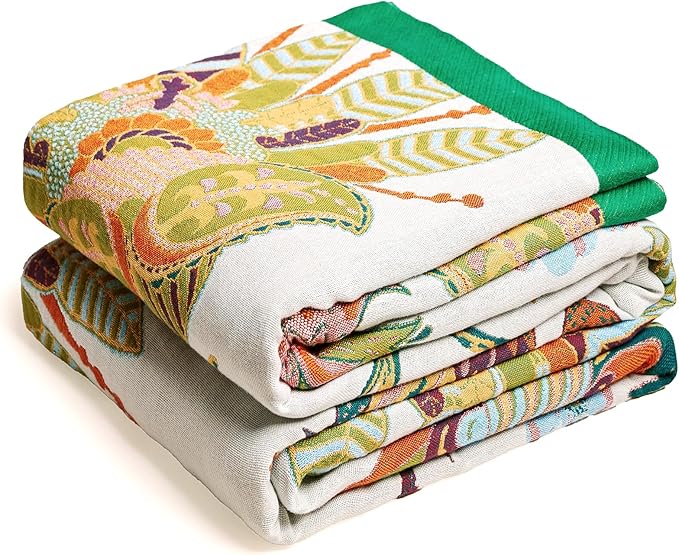 Boho Throw Blanket, 100% Organic Cotton Breathable Skin-Friendly Ultra Soft Bed Quilt Throw - All Season Floral Bird Farmhouse Décor Luxury Blanket for Sofa Couch Chair and Gift. 80" x 90"