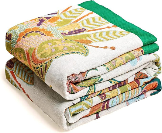 Boho Throw Blanket, 100% Organic Cotton Breathable Skin-Friendly Ultra Soft Bed Quilt Throw - All Season Floral Bird Farmhouse Décor Luxury Blanket for Sofa Couch Chair and Gift. 60" x 80"