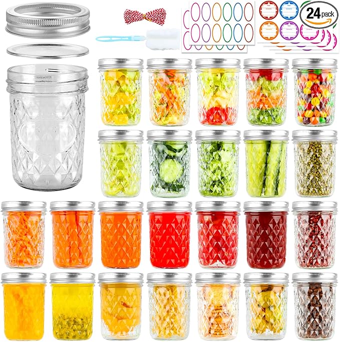 24 Pack Mason Jars 8 oz with Regular Lids and Bands, Half Pint Canning Jars, Small Glass Jars for Honey Jelly Jam Crafts
