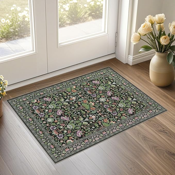 2x3 Area Rug Living Room Rugs - Washable Boho Vintage Floral Large Soft Non Slip Thin Rug Low Pile Carpet for Bedroom Dining Room Kids Playroom Office Decor Indoor- Green Dark