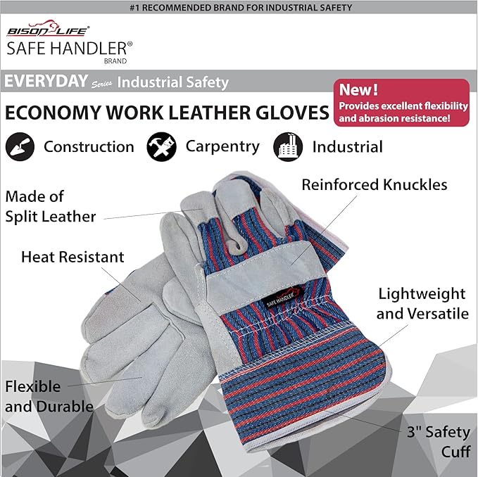 SAFE HANDLER Work Leather Gloves with Cool Cotton Lined Backing Lightweight & Versatile Split Leather Safety Cuff Work Gloves