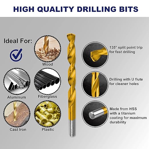 276pc Titanium Twist Drill Bit Set with S2 Bits 135° Tip High Speed Steel, Size from 1/16" up to 1/2", Ideal in Wood Cast Iron Aluminum Alloy Plastic Fiberglass, Clear Lid Case