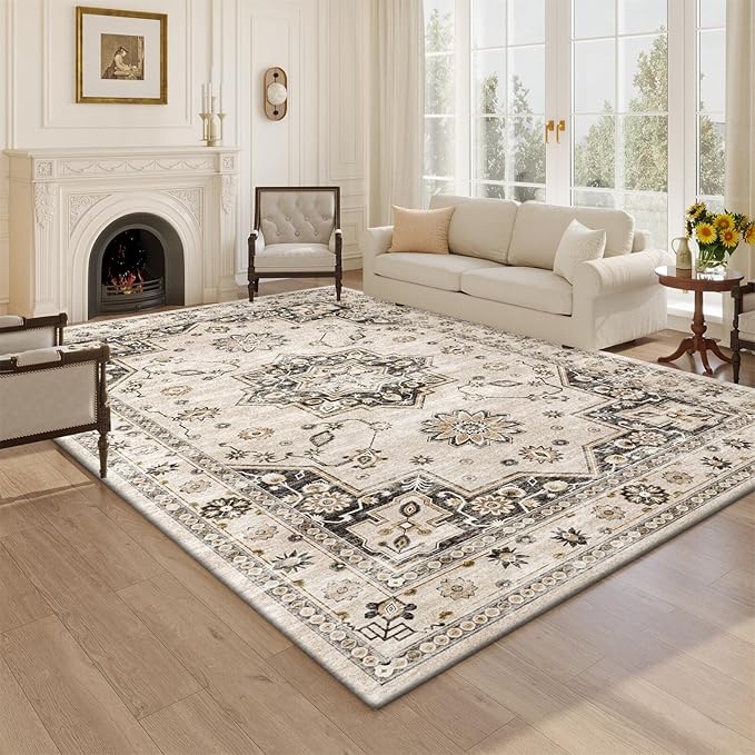 Area Rug 5x7 Living Room,Machine Washable Rugs,Stain Resistant Soft Thin Non-Slip Floral Carpet,Beige Neutral Boho Home Decor,for Indoor Bedroom,Office,Farmhouse,Dining,Dorm