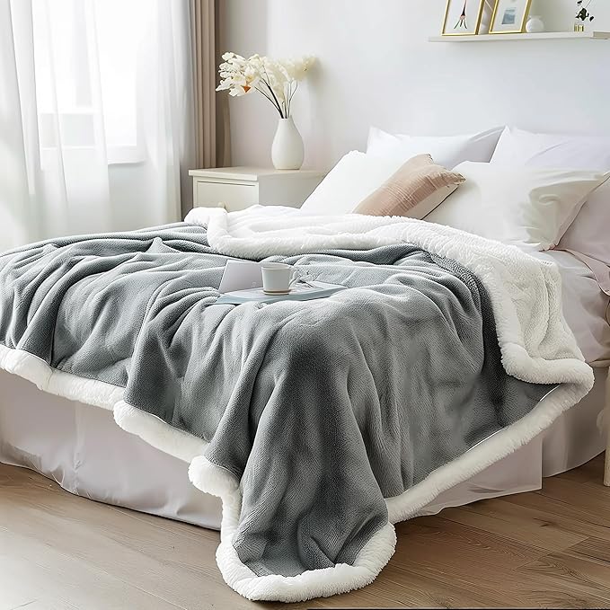 Waterproof Blanket Twin Size - Sherpa Fleece Reversible Throw, Soft Warm Leak-Proof Bed & Couch Protector for Kids, Pets & Everyday Spills (Velvet Gray/Cloud White, 65x90