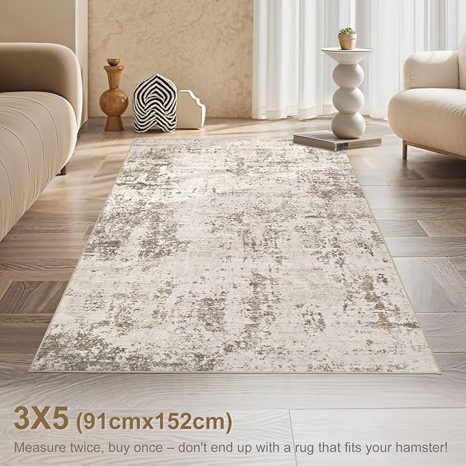 3x5 Area Rug Living Room Rugs - Washable Neutral Modern Abstract Soft Thin Rug Indoor Floor No Slip Rug Carpet for Bedroom Under Dining Table Home Office Decor - Dark Brown