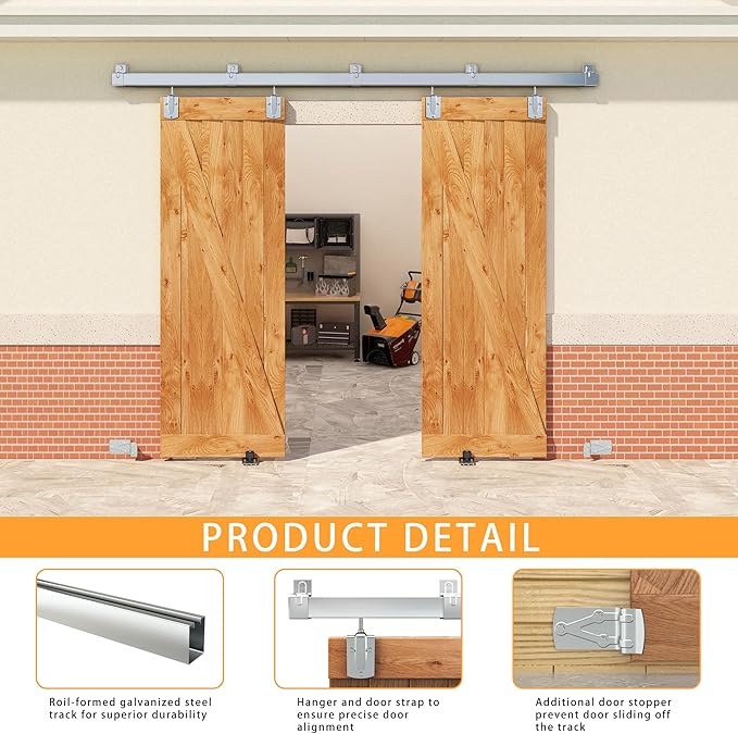 8FT Box Rail Exterior Barn Door Hardware Kit for 2 Doors, Sliding Heavy Duty Barn Door Track, Wall Mount Barn Door Hardware with 5 Track Brackets,Silver(Doors NOT Include)