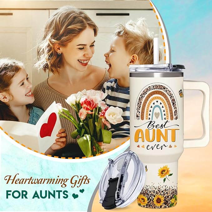 Gifts for Aunt, New Aunt, Auntie Gifts from Niece, Nephew - Christmas, Birthday, Mothers Day Gift for Auntie - 40oz Sunflower Tumbler With Handle & Straw