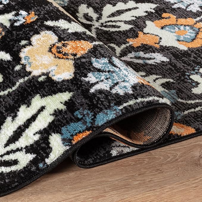 Rugshop Vine Floral Area Rug Modern for Living Room, Bedroom, or Entryway Black Multi 4' x 6' Black