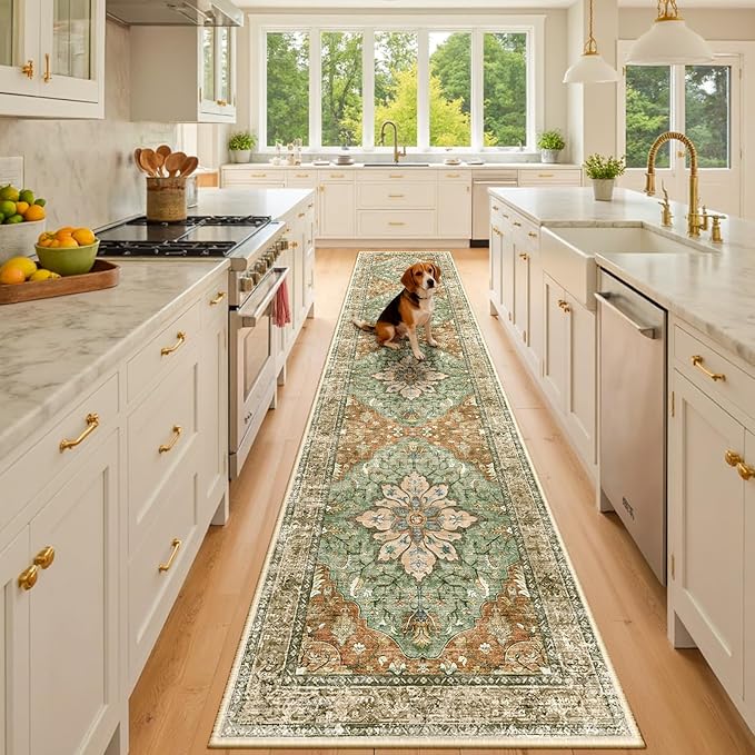 Area Rugs 3'x10' Washable Non-Slip, Floral Vintage Distress Print Pattern Medallion Carpet for Living Room Bedroom Dining Room, Brick Red Rust Neutral Brown Burnt Orange Green