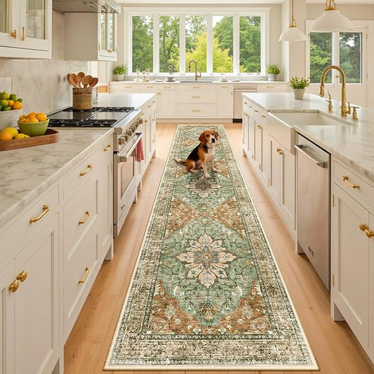 Area Rugs 3'x10' Washable Non-Slip, Floral Vintage Distress Print Pattern Medallion Carpet for Living Room Bedroom Dining Room, Brick Red Rust Neutral Brown Burnt Orange Green