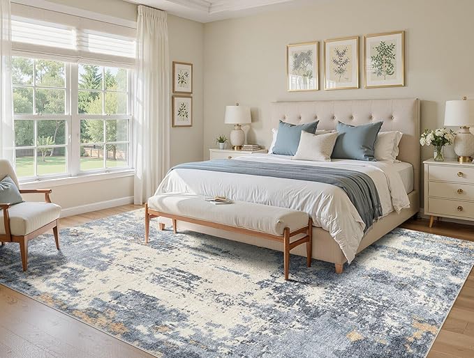 6x9 Area Rug Living Room Rugs - Washable Neutral Modern Abstract Soft Thin Rug Indoor Floor No Slip Rug Carpet for Bedroom Under Dining Table Home Office Decor - Blue/Light Brown