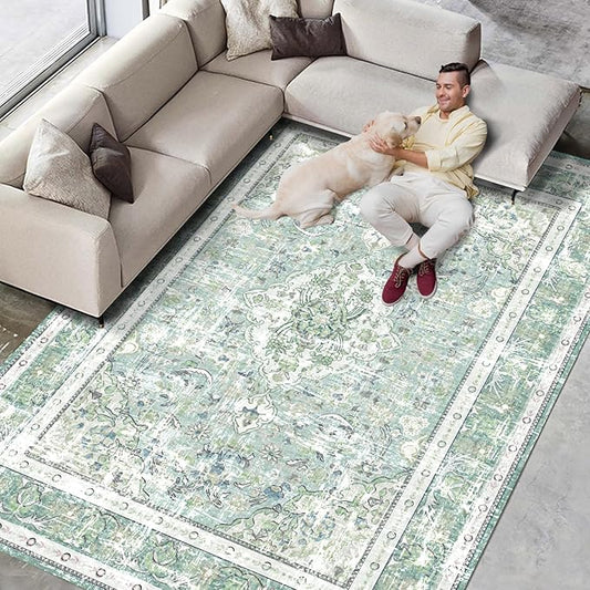 Vhong Boho Area Rugs Vintage Washable Modern Neutral Large Carpet Sage Green 8×10 High Traffic Rugs for Dinning Room Living Room Bedroom Farmhouse Non Slip