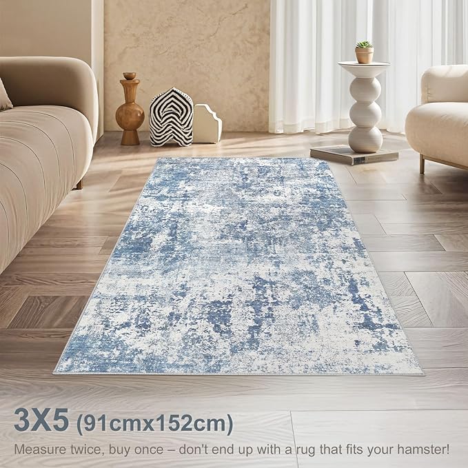 3x5 Area Rug Living Room Rugs - Washable Neutral Modern Abstract Soft Thin Rug Indoor Floor No Slip Rug Carpet for Bedroom Under Dining Table Home Office Decor - Blue White