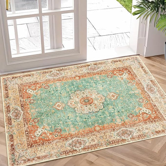 Small Rugs 2x3,Boho Rug for Entryway Bathroom Bedroom Kitchen Entrance Doormat,Vintage Bohemian Distressed Farmhouse Washable Accent Floor Throw Carpet Non Slip,Retro Orange Green Floral