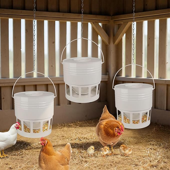 KOL Hanging Chicken Feeder – 20lbs Metal Chicken Feeder, Adjustable Poultry Feeder with 12 Ports, No Installation & Universal Height Design (Jade White)