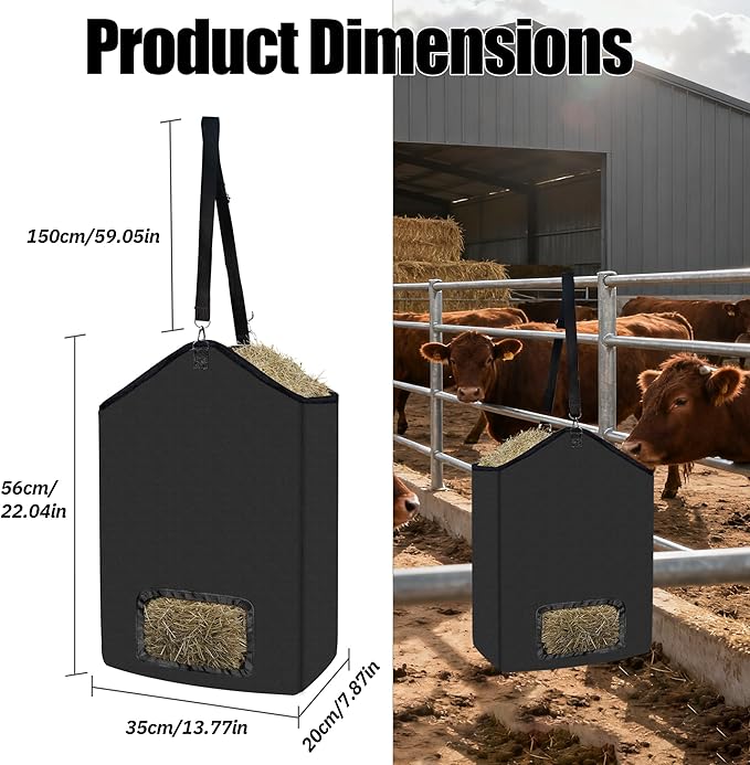 2-Pack Hanging Hay Feeder Bags, 19.7x17.7x6 Inch Slow Feed Hay Net for Horses, Goats, Cows, Alpacas, Durable Oxford Cloth with Metal Rings & Strap, Reduce Waste & Keep Feed Dry