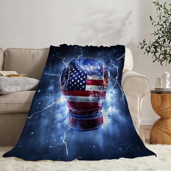 Boxing Throw Blanket Cozy Plush American Flag Gloves Blankets Flannel Fleece Lightweight Fuzzy Party Blanket Gifts for Girls Women Men Boys 80"X60"