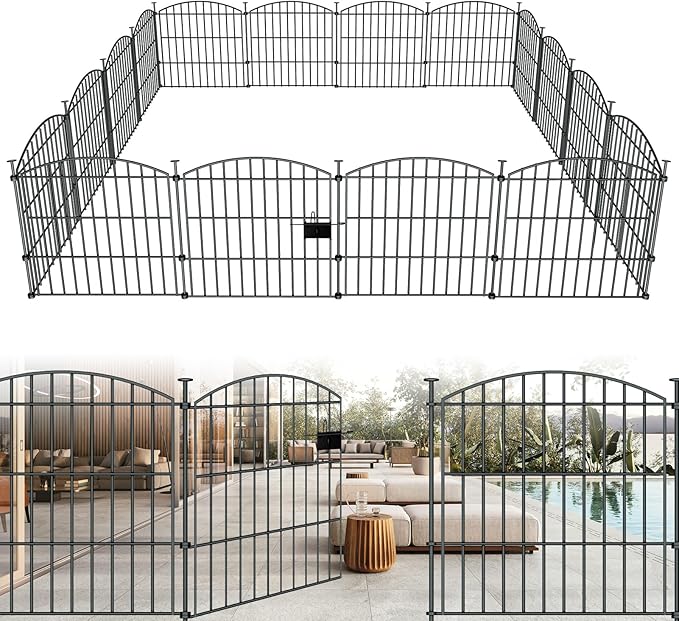 10 Panels Garden Fence Dog Fence Outdoor for Yard, 24in H x 20ft L Rustproof Metal Fencing with Ground Stakes | No Dig Animal Proof Containment for Pets/Rabbits | Durable Patio Security Panels