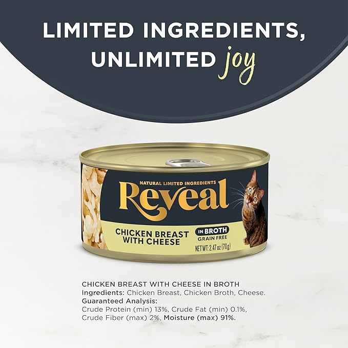 Reveal Natural Wet Canned Cat Food, Limited and Natural Ingredients, Grain Free, High Protein with No Artificial Additives, Chicken Breast with Cheese in Broth (24 x 2.47 oz Cans)