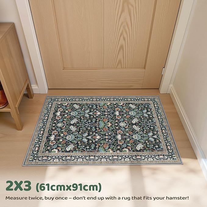 2x3 Area Rug Living Room Rugs - Washable Boho Vintage Floral Large Soft Non Slip Thin Rug Low Pile Carpet for Bedroom Dining Room Kids Playroom Office Decor Indoor- Black Blue