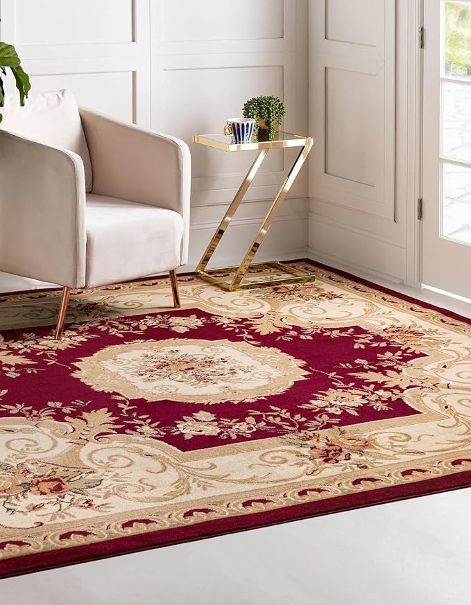 Unique Loom Versailles Collection Traditional Classic Floral Motif Area Rug (10' 0 x 10' 0 Square, Burgundy/ Ivory)