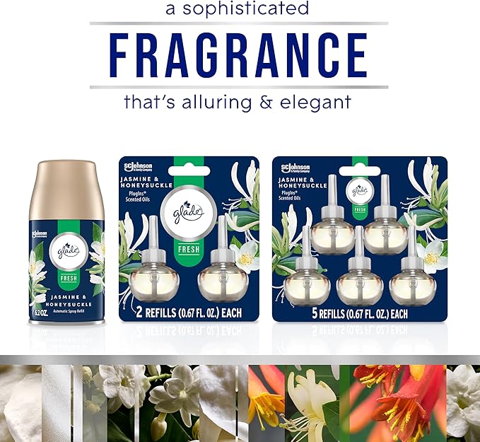 Glade PlugIns Refills Air Freshener, Jasmine & Honeysuckle, Scented and Essential Oils for Home and Bathroom, 0.67 Fl Oz, 10 Count