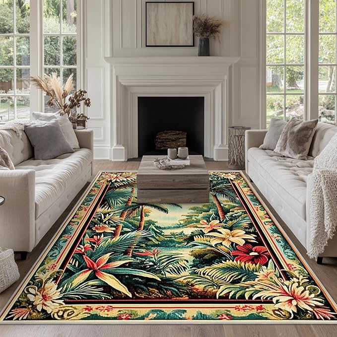 5x7 Tropical Rainforest Area Rugs Boho Forest Botanical Rug for Living Room Indoor Soft Non-Slip Thin Large Carpet Green Rugs for Bedroom Home Decor Under Table Washable Machine