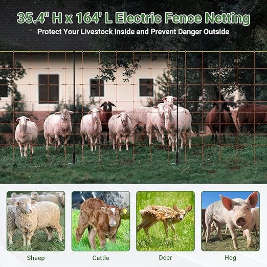 Electric Netting 35.4"H x 164'L, Electric Netting with Posts and Double-Spiked Stakes, Portable Electric Fence Netting for Backyards, Homesteads, Gardens, Farms, and Ranches