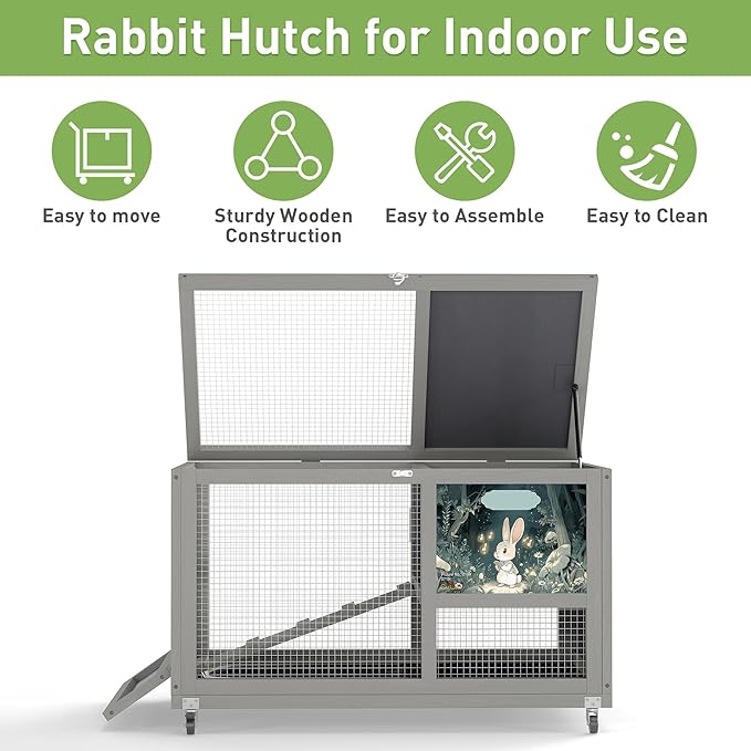 COZIWOW 36.5-Inch Double-Decker Wooden Rabbit Hutch with Wheels, Featuring A Cleaning Tray and Ladder—Stylish and Easy to Assemble（Grey and Pattern）