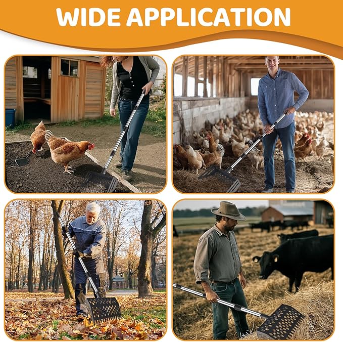 Chicken Poop Scooper & Rake, 2-in-1 Heavy Duty Metal Chicken Coop Scoop with Adjustable Length (36"–65"), Poultry Litter Tools Scooper Sand Sifting Shovel for Chicken Coops Animal Farms & Poultry Run