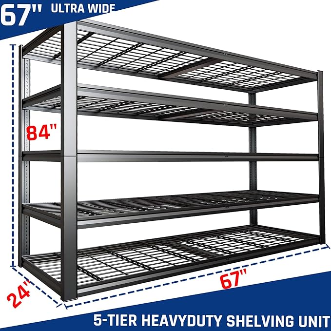 67" Wide 5-Tier Garage Shelving Unit, 67" W x 24" D x 84" H, Heavy Duty Garage Storage Shelves,3500 LBS Capacity, Industrial Adjustable Shelves for Basement Warehouse