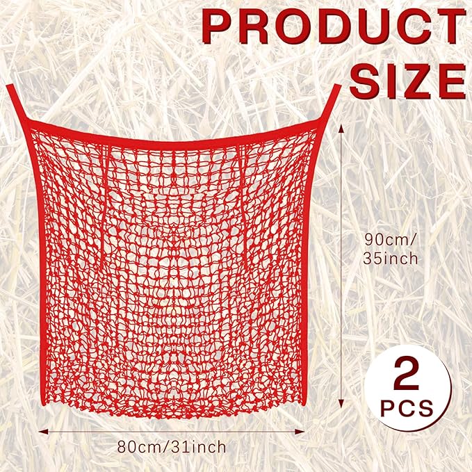 Fabbay 2 Pcs Slow Feed Hay Net Hay Feeder Bags for Horses Goat Stall Trailer Horse Feeding Supplies(35 x 31 Inch,Red)