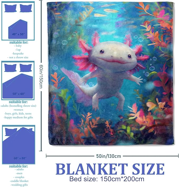 Cute Axolotl Throw Blanket 40"x50", Underwater Scene Blankets for Kids Room Decor, Soft Flannel Polyester Warm Cozy Axolotl Gifts for Kids