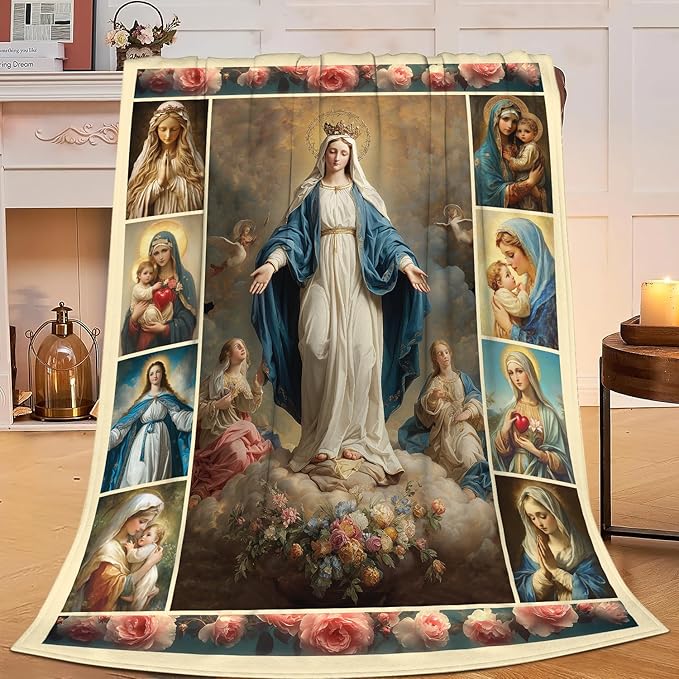 Virgin Mary Throw Blanket Catholic Religious Mexican Mother Mary Flannel Blankets Mother of God Player Fuzzy Plush Super Soft Cozy Warm Decor Gifts for Boys Girls Kids Adults Men Women 40" x 50"