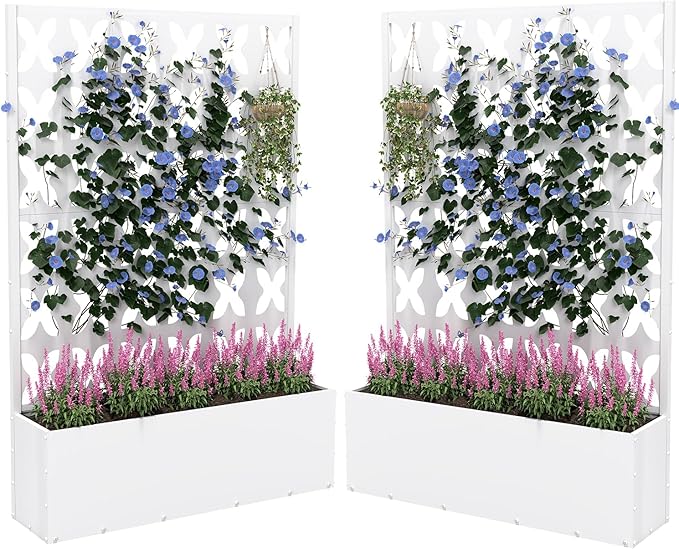 2PCS Metal Planter Box with Trellis,70.9"x47.2"x15.7" Raised Garden Bed with Drainage Holes, Privacy Planters for Outdoor Garden Bed for Climbing Plants,Vegetables,and Vines, White-X