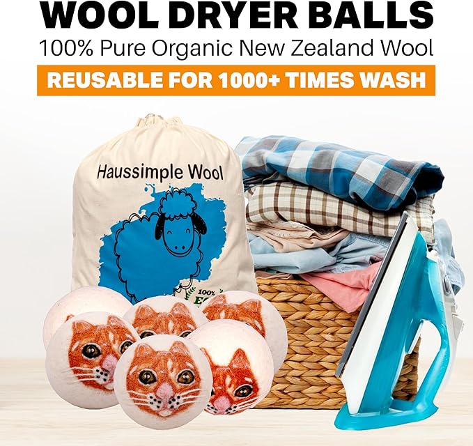 Wool Dryer Balls 6-Pack 100% Natural New Zealand Wool, Handmade in Nepal Reusable Laundry Balls, Faster Drying, Softer Clothes, Anti-Static, Dryer Sheets Alternative (Orange Cat)