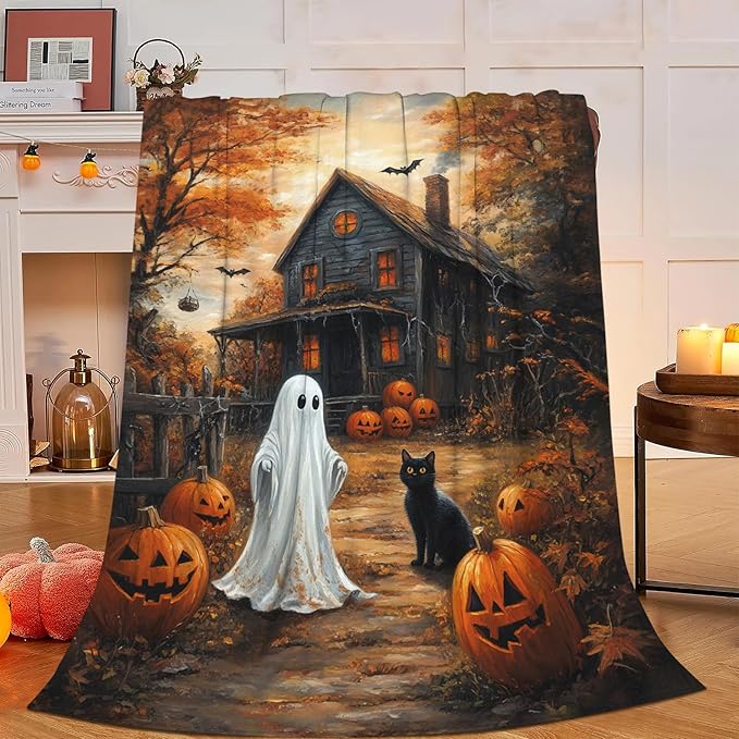 Halloween Blanket, Ghost Black Cat Fleece Flannel Throw Blanket, Pumpkin Soft Lightweight Stuff Throws Gifts for Women Men Boys Girls Lovers Adults Lovers Sofa Decor 60"x50"