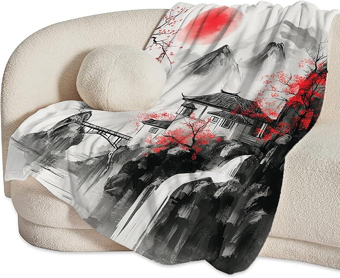 Japanese Throw Blanket Splash Red Cherry Blossom Gifts for Girls Women Men Boys Plush Cozy Flannel Fleece Fuzzy Landscape Blankets 50"X40"