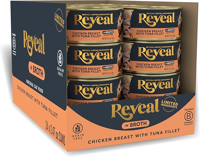 Reveal Natural Wet Canned Cat Food, Limited and Natural Ingredients, Grain Free, High Protein with No Artificial Additives, Chicken Breast with Tuna in Broth (24 x 2.47 oz Cans)