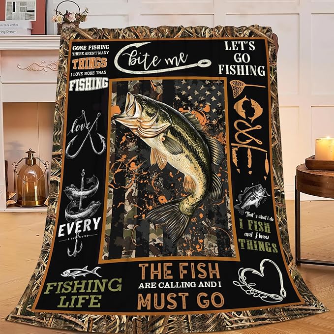Dynova Fishing Blanket Cozy Plush Fish Throw Blankets Fuzzy Flannel Fleece Camo Fisherman Gifts Decor for Boys Men 50"X40"