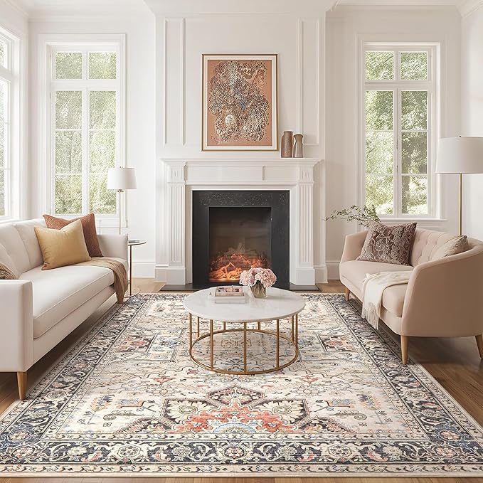 Area Rug 5x7 for Living Room - Washable Oriental Vintage Floral Distressed Large Indoor Carpets with Non Slip Back for Bedroom Dining Room Nursery Office Home Decor -Multi