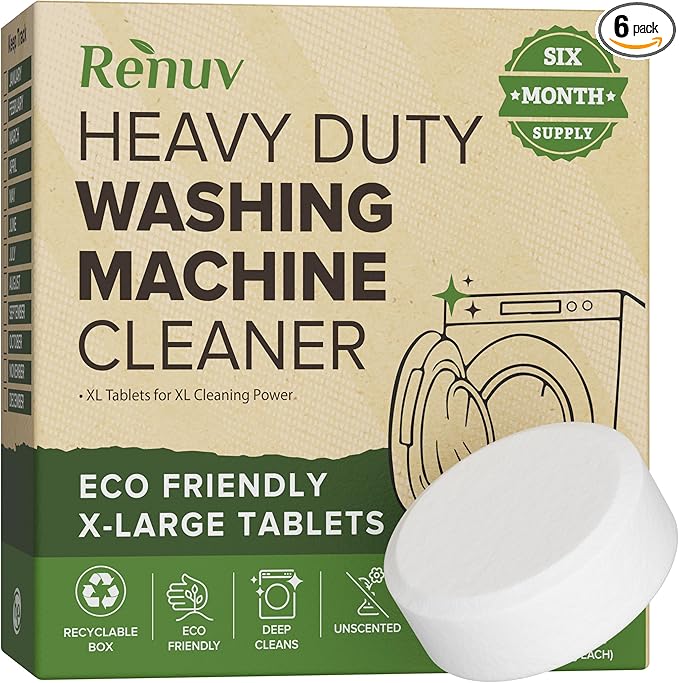 Renuv Heavy Duty Washing Machine Cleaner Descaler Tablets - for Front Load, Top Load Washer, HE (6 XL Tablets - 6 Months Supply)