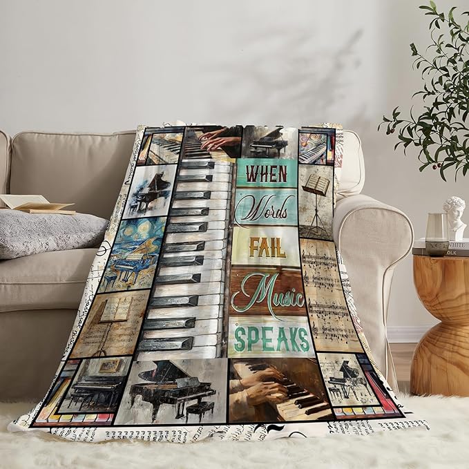 Piano Music Throw Blanket Music Lovers Gifts for Boys Girls Women Men Plush Cozy Flannel Fleece Fuzzy Party Blankets 60"X50"