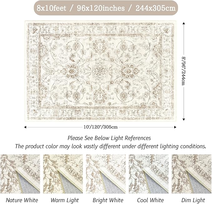 Madane 8x10 Area Rugs for Living Room, Machine Washable Vintage Rug with Non-Slip Backing, Soft Floral Print Large Throw Rugs, Thin Carpet for Bedroom Dining Room Farmhouse (8 x 10, Brown/Ivory)