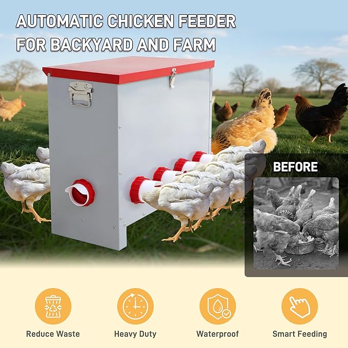 Large 85LB Automatic Chicken Feeder No Waste, Rat Proof Metal Poultry Feeder with 8 Feeding Ports, Rust-Proof Galvanized Steel Auto Chicken Feeder with Locking Lid for Chickens, Geese, Duck & Poultry